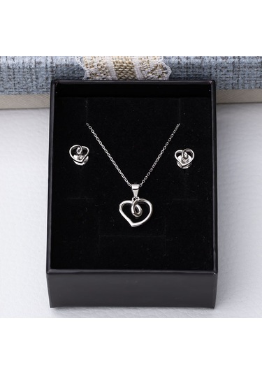 Kalp Model 925 Ayar Kolye Çivili Küpe Kadın 2'li Set Gümüş