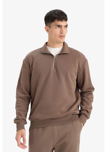 Defacto Regular Fit Dik Yaka Yarım Fermuarlı İçi Yumuşak Tüylü Basic Düz Sweatshirt X7405az25aukh154 Haki