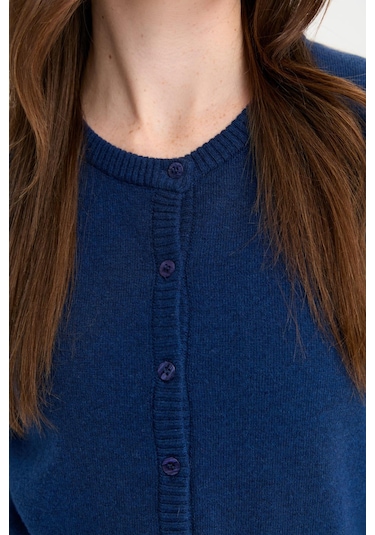 Desen Triko Kadın Sıfır Yaka Triko Yün Hırka 21031 Indigo Indigo