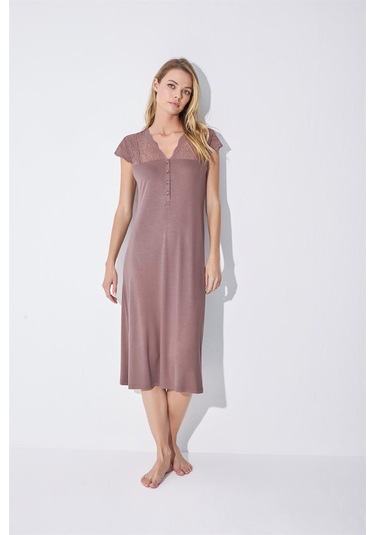 Monamise Kadın Yakası Kolu Ve Omzu Brode Dantelli Önü Düğmeli Gecelik 18511-kahve Kahverengi