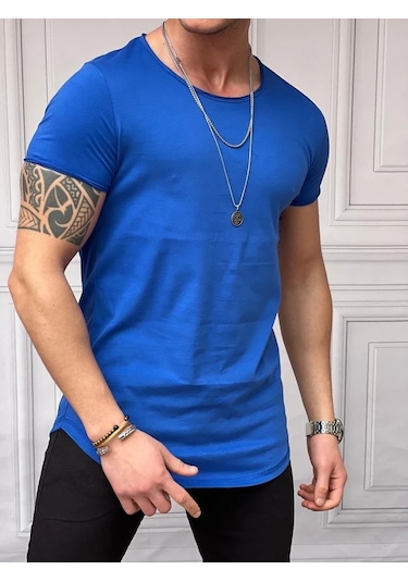 Modefendi Slim Fit Oval Kesim Pamuk Basic Tshırt Saks Mavisi