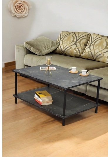 Dikdörgen Orta Sehpa Ahşap Ayaklı Sehpa Iki Raflı Sehpa Dekoratif Sehpa Gazetelikli-mermer-90x60 Mermer