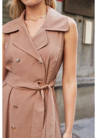 Kadın İpeksi Modal Likrasız Kumaş Anvelop Kruvaze Yakalı Cepli Bağcıklı Midi Boy Diz Altı Elbise-fındık Kabuğu Fındık Kabuğu