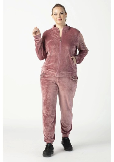 1950 Kolları Taşlı Tam Kalıp Tarz Kadife Büyük Beden Eşofman Takım Pembe Pembe