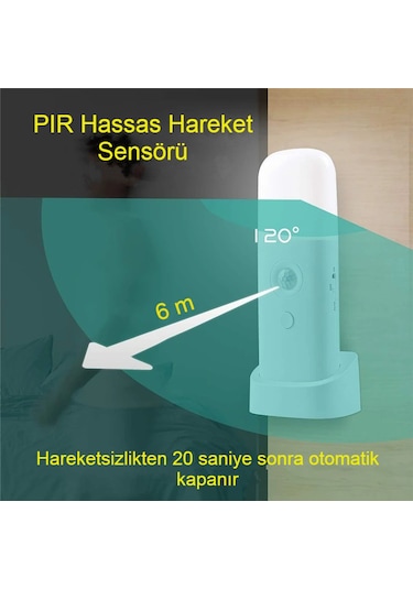 Hareket Sensörlü Şarjlı Led Gece Lambası 2000 Mah, 120 Algılama 5 Kademe Sos Modu Beyaz