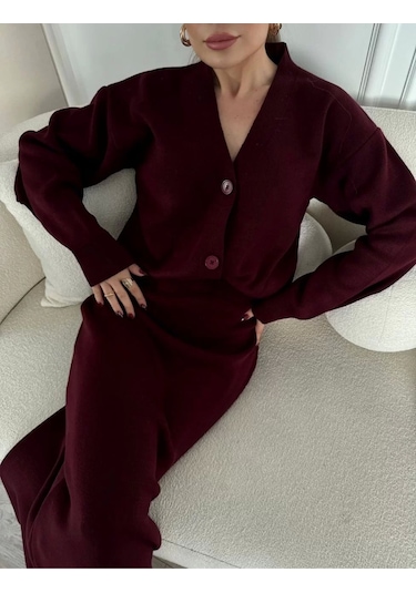 V Yaka 3 Düğmeli Hırka Takım Triko İkili Etekli - Bordo Bordo