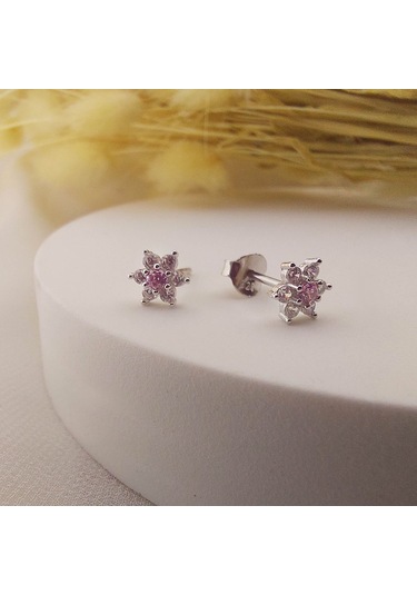 925 Ayar Gümüş Pembe Taşlı Minimal Lotus Küpe Gümüş