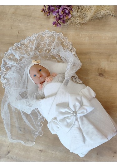 Ekru Kız Erkek Bebek Battaniyesi Kundağı %100 Pamuklu Dantelli Yenidoğan Hastane Çıkışı Mevlütlük Knd45255 Ekru