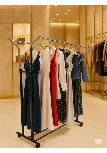 V Ayarlı 125 Cm En Çelik Konfeksiyon Elbise Askılık Tekerli Portatif Raf Home Hanger Siyah