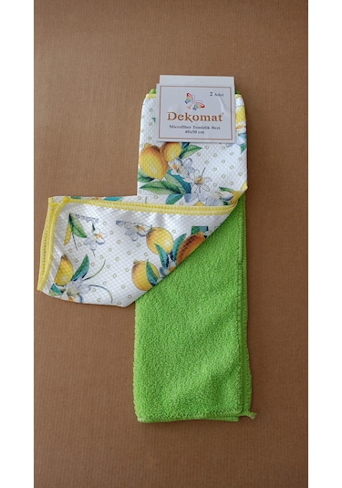 Microfiber Temizlik Bezi 40x50 Cm 2 Adet Limon Bir Adet Baskılı Bir Adet Naturel Yeşil