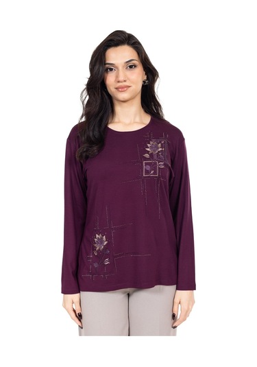 Yeni Sezon Kadın Orta Yaş Ve Üzeri Viskoz Kanaviçe İşlemeli Lüks Anne Penye Bluz 24311-mürdüm Mürdüm