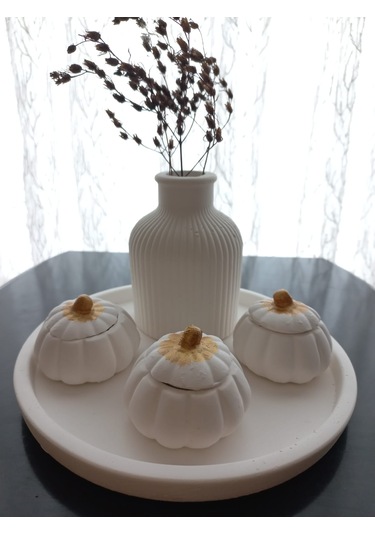 Tabakta 3'lü Mini Balkabağı Vazo Dekoratif Set Beyaz 03