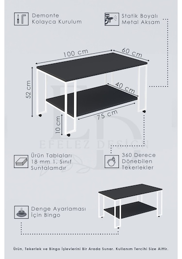 Nury Orta Sehpa Siyah Metal - Beyaz Mermer Tabla