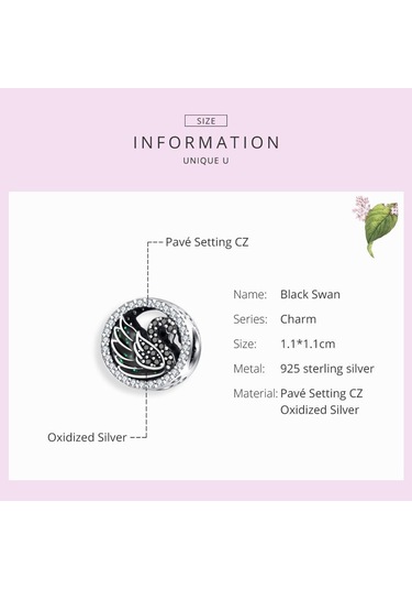 Wostu 925 Ayar Gümüş Siyah Kuğu Boncuk Zirkon Yuvarlak Takılar Fit Bilezik Kolye Takı Gümüş