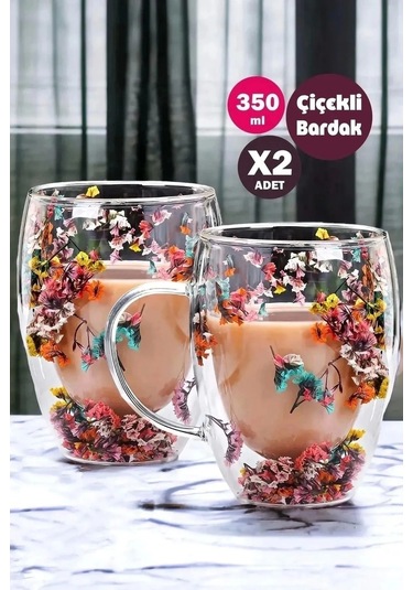 Çeyizci Çarşı 2li Çift Cidarlı Flower Cup 350ml Çiçekli Bardak Kahve Çay Bardağı El Yapımı Kulplu Cam Bardak Set Şeffaf