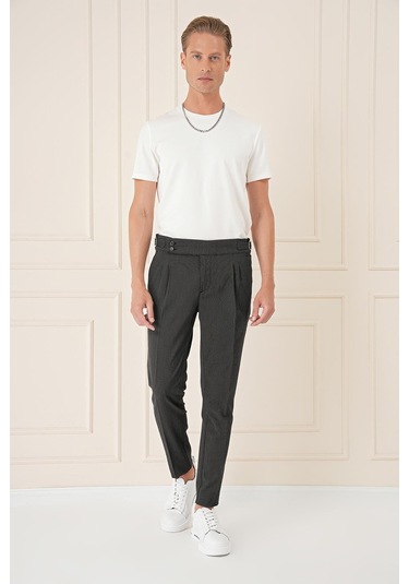 Yandan Tokalı Çift Pileli Esnek Pamuk Siyah Pantolon P 1160 Siyah