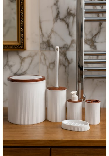 Makri Home 5 Parça Şık Beyaz Banyo Seti, Hacim: 6 Litre Beyaz