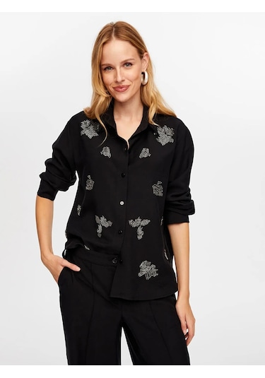 Faik Sönmez Boncuk Nakış Detaylı Tenselli Kadın Gömlek W26gml010 Siyah