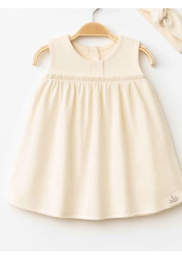 Zekids Kız Bebek Organik Pamuklu Bandanalı Kolsuz Elbise-15906 Krem