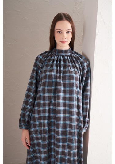 Boynu Büzgülü Elbise Küçük Kareli Kahve Lacivert Kahverengi - Lacivert