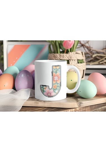 J Harfli Pastel Çiçek Desenli Kahve Kupası - Kişiye Özel Çiçekler Koleksiyonu Bardak - Hediye Beyaz