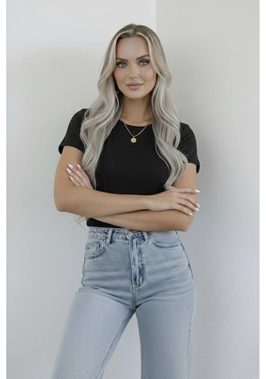 Hashtag Kadın Bisiklet Yaka Kısa Kollu Body Basic Tişört Viskon Kumaş Siyah