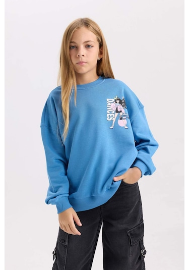 DeFacto Kız Çocuk Relax Fit Bisiklet Yaka Sırt Baskılı Sweatshirt D6496A8NSBE765 Mavi