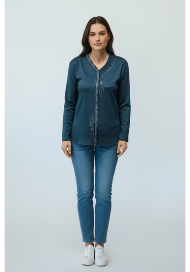 Kadın Önü Kapalı Düğme Detaylı Taşlı Nergis Mevsimlik Bluz Zümrüt