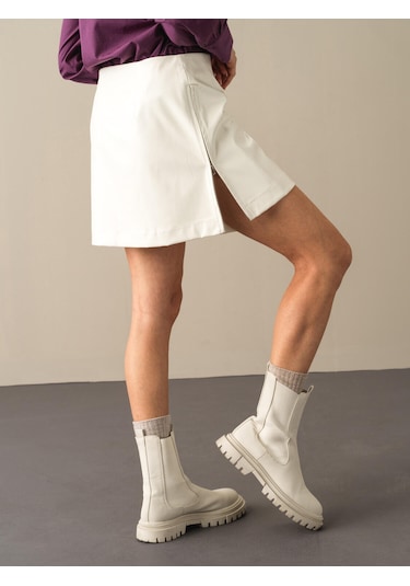 Xint Yüksek Bel Regular Fit Deri Görünümlü Etek 23KB01270368-46 Ekru