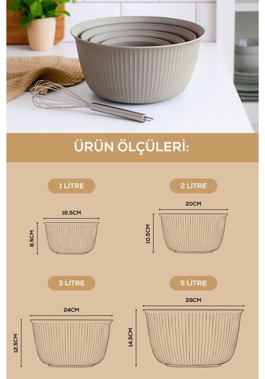 4'lü Mega Boy Plastik Karıştırma Ve Saklama Kase Seti 1l, 2l, 3l, 5l Bej Bej