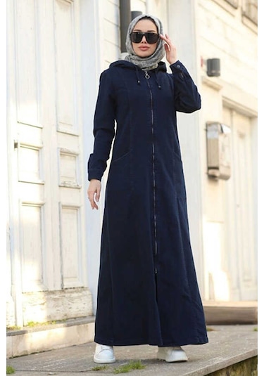 6463-Kapşonlu Denim Ferace Lacivert