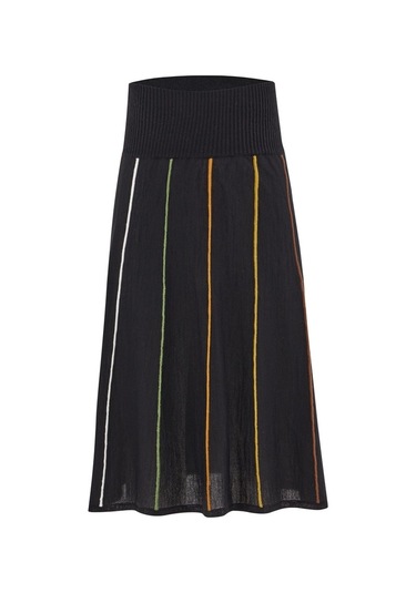 Peraluna Çizgili Yüksek Bel Bol Kesim Diz Altı Kadın Triko Etek S Siyah