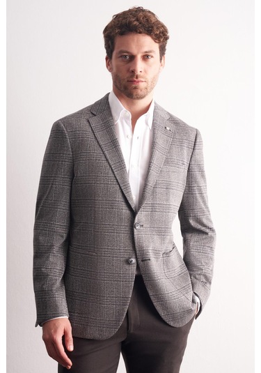 Siyah Mono Yaka Ekose Desen Pamuklu 6 Drop Comfort Fit Classic Ceket 1002255152 Siyah