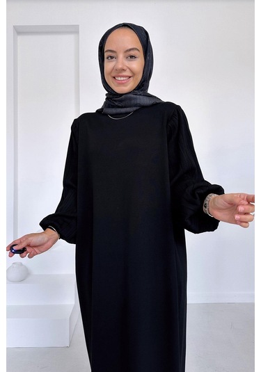 Balon Kol Merserize Elbise - Siyah