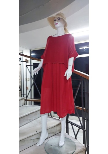 İtalyan Müslin Keteni Üstü File Bluzlu Astarlı Tek Parça Elbise Kırmızı