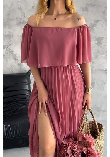 Kadın Astarlı Piliseli Şifon Elbise Dpk2099 Gülkurusu