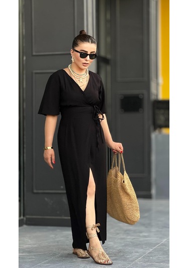 Siyah Çift Bel Bağlamalı Maxi Boy Elbise Siyah