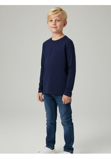 Zekids Erkek Çocuk Pamuklu Uzun Kol Basic T-shirt-16713 Lacivert