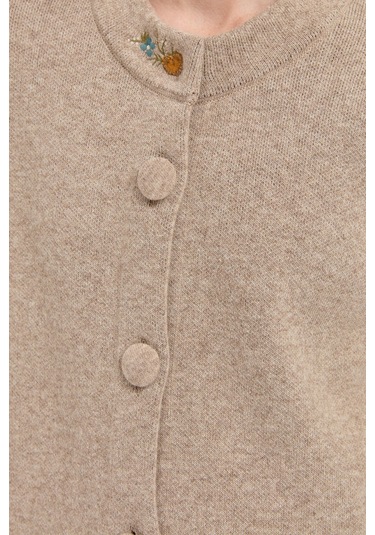 Kadın Dik Yaka Cebi İşlemeli Uzun Yün Kaban K.bej K.bej