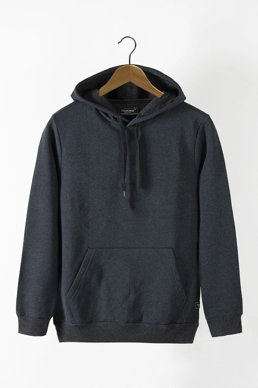 Terapi Men Erkek Indigo Kapüşonlu Kanguru Cepli Basic Hoodie Sweatshirt Indigo