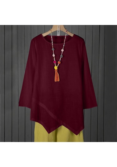 Sıcak Pembe Su Kadın O Boyun Uzun Kollu Gömlek Casual Düzensiz Hem Bluz Rahat Çalışma Tunik Üstleri