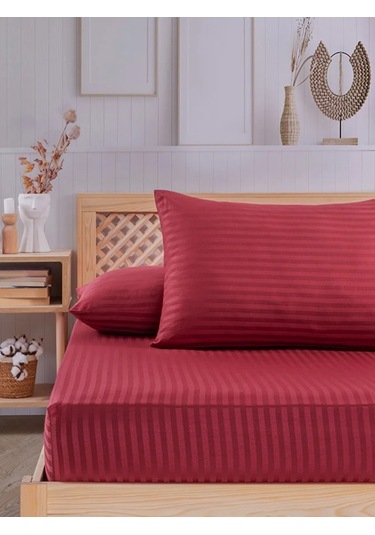 Bordo Pamuklu Çizgili Saten Lastikli Çarşaf Takımı Tek Kişilik + 1 Yastık Kılıfı Bordo