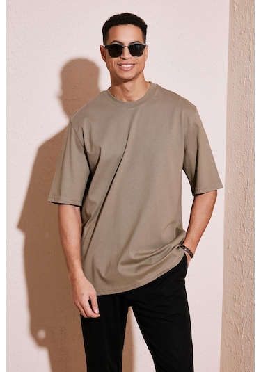 Buratti Pamuklu Oversize Bisiklet Yaka Basic Erkek T Shirt 5902365 Vizon