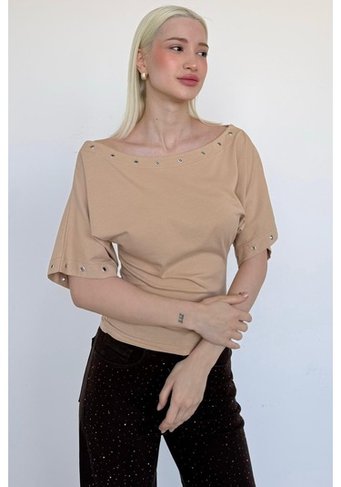 Madmext Taş Rengi Off Shoulder Metal Detaylı Kadın Bluz Mg2671 Taş Rengi
