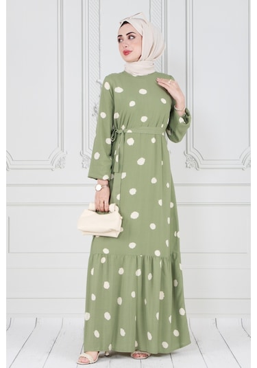 Puantiyeli Kuşaklı Tesettür Elbise-beyaz-3591-gül Kurusu Gül Kurusu