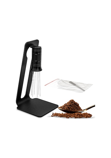 Xiyyadms Kahve Tozu Dağıtıcı, 6 İğne 0.4mm, Manyetik Tabanlı, Geri Dönüştürülebilir, Ergonomik El Kolu, Paslanmaz Çelik, Ayarlanamayan Tip Siyah