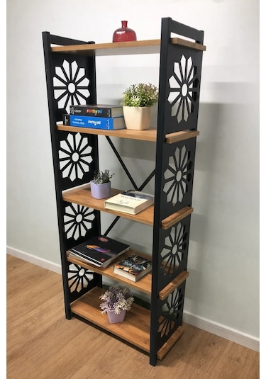 Desenli, Lazer Kesim, Metal, 5'li Raf,çiçeklik,kitaplık, Dolap Ceviz