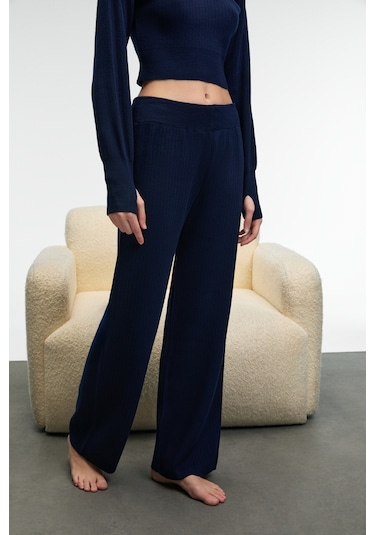 Grımelange Marıposa Kadın Yuvarlak Yaka Çizgi Desenli Crop Geniş Paça Triko Lacivert Alt-üst Takım Lacivert