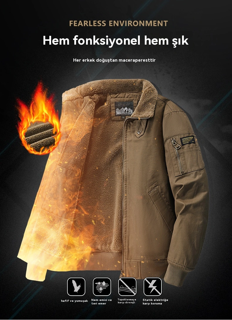 Açık Hava Erkek Kış Sıcak Moda Artı Polar Bomber Ceket Siyah