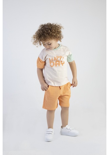 Erkek Çocuk Happy Day Baskılı Kısa Kollu Şortlu Basic Alt Üst Takım 001